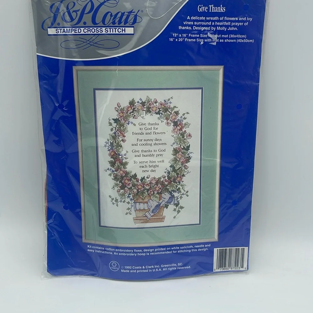 J & P Coats Stamped Cross Stitch Kit Give Thanks Religious 12 x 16 NEW